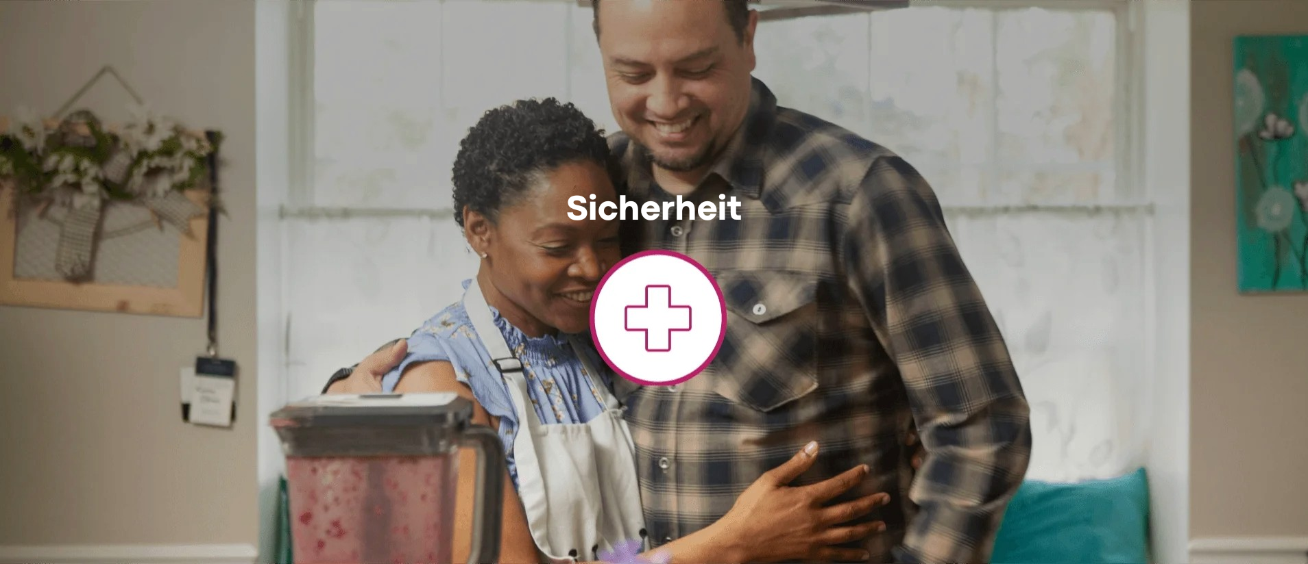 Mann hält Frau, „Sicherheit“. Förderung von Vertrauen und sorgenfreiem Leben.